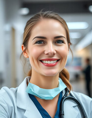 Canvas Print - a young caucasian doctor woman with long brown hair, wearing a white  medical coat and smiling at the camera in a bright hospital, blurred hospital background