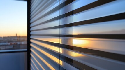 Wall Mural - A close-up view of horizontal blinds with sunlight filtering through, creating a warm ambiance in an urban setting.