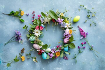 Poster - A floral arrangement featuring colorful flowers and eggs on a blue background, ideal for decorating or gift-giving