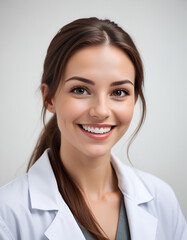 Wall Mural - a young caucasian doctor woman with long brown hair, wearing a white  medical coat and smiling at the camera in a bright hospital, white background