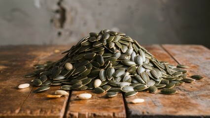 Poster - A pile of seeds on a wooden table with some nuts, AI