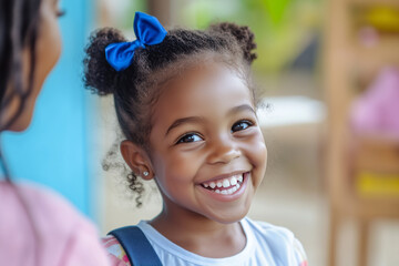 A young girl with blue hair bows is smiling and looking at the camera