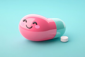 Poster - Adorable pink capsule with a smiling face lying on a soft blue background symbolizing health happiness and care in a cheerful and minimalist design