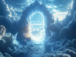 Wall Mural - ethereal afterlife scene radiant gates of heaven soft clouds divine light welcoming angelic figures peaceful and transcendent atmosphere