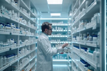 Poster - A pharmacist stands in a well-organized pharmacy room, surrounded by shelves and counters