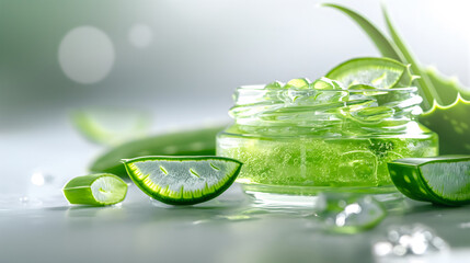 Wall Mural - Fresh sliced aloe vera leaves and gel in a cosmetic jar