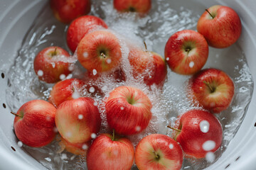 Wall Mural - Washing fresh red apples in clean water in a white colander