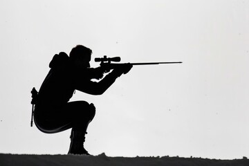 Poster - A man in a crouched position holds a rifle, ready for action