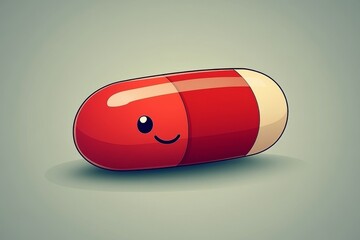 Poster - Red and white pill character with a smiling face on a neutral background representing health simplicity and positivity in a minimalist design