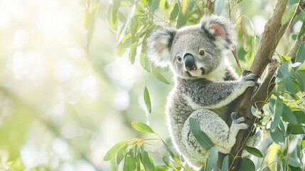 Wall Mural - Cute Koala Bear in Eucalyptus Tree with Sunlight