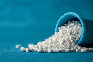 Wall Mural - Blue capsule spilling out white pills onto a smooth surface symbolizing health care and precision in a clean and minimalist design