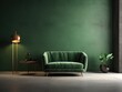 © Hendry - Living room with green armchair on empty dark concrete wall background.3d rendering
