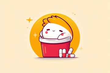 Sticker - Adorable cartoon character of a pink and white capsule pill holding a takeout coffee cup with a joyful expression set against a warm yellow backdrop