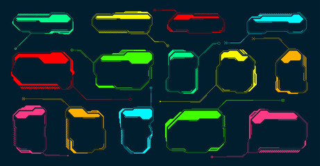 Poster - Futuristic HUD or UI elements. Sci-fi user interface text boxes, callouts. Colorful warning message frame, information boxes template. Modern game interface layout, digital style. Vector illustration