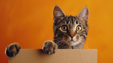 Poster - A curious cat looking out from behind a cardboard box