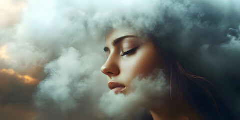 portrait of a woman with head in the clouds, ai generated.