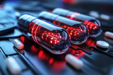 Sticker - Close up of futuristic capsules glowing with red energy symbolizing the cutting edge pharmaceutical innovations in a high tech AI driven healthcare environment