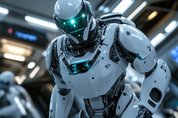 Poster - Advanced white robot with glowing green lights in a high tech industrial setting emphasizing the sophistication of AI technology and robotics in modern engineering