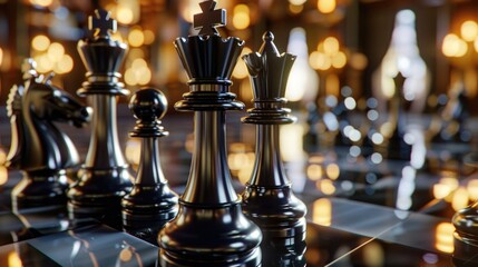 Poster - Close-up view of chess pieces arranged on a table