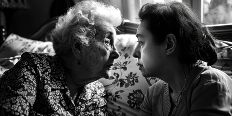 Wall Mural - A young woman sits beside an elderly woman on a couch, possibly a family gathering or casual conversation