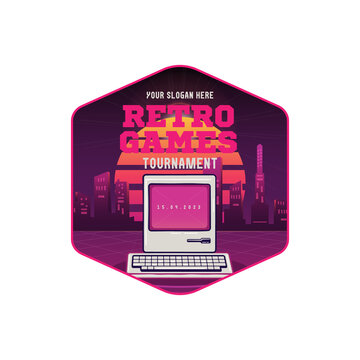 Retro Gaming logo template with vintage PC. Classic Games label. Gamer Expo invitation badge design. Stock emblem graphics isolated on white background