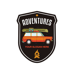 Wall Mural - Camping Adventure badge design with camper car, canoe and camp equipment. Travel logo graphics. Stock retro label isolated on white background