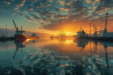 Aufkleber - A boat is moored in the water as the sun sets, with warm colors reflected on the surrounding area