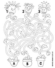 Wall Mural - Children logic game to pass the maze. Potted flowers. Educational game for kids. Attention task. Choose right path. Funny cartoon character. Worksheet page. Vector illustration. Coloring book