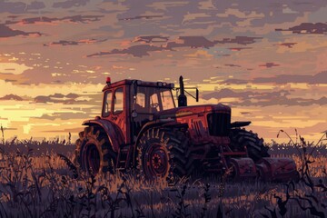 Wall Mural - A red tractor parked in a green field