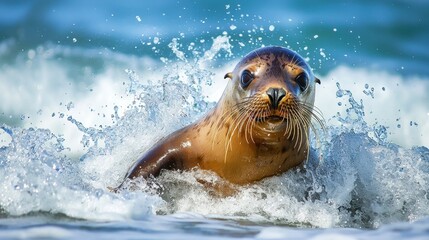 Poster - Sea Lion Emerging From Water with Splashing Waves