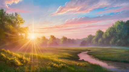 Wall Mural - A painting of a sunset over the grassy field with trees, AI