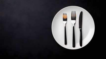 Overhead shot of a white plate with neatly aligned fork and knife, black background, strong contrast created by focused studio lighting, extensive copy space.