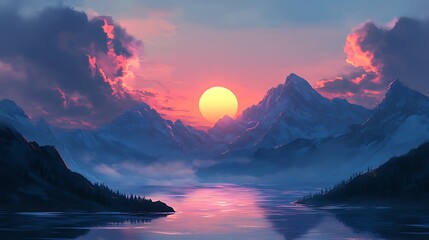 Sticker - A vibrant sunset paints the sky with hues of pink and orange as it sets behind snow-capped mountains, reflecting on a tranquil lake.