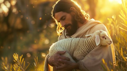 Wall Mural - A person holding a sheep in an open landscape