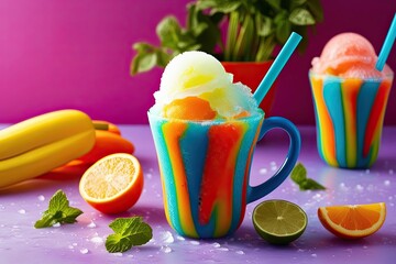 Cheerful Vibrant Iced Slushy Drink in a Colorful Cup