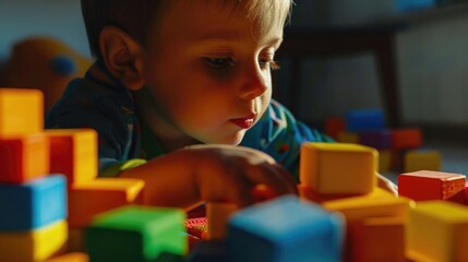 Poster - A young boy is engaged in creative play with wooden blocks on the floor