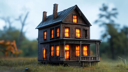 A charming vintage house with glowing windows, surrounded by nature, perfect for conveying warmth and nostalgia.