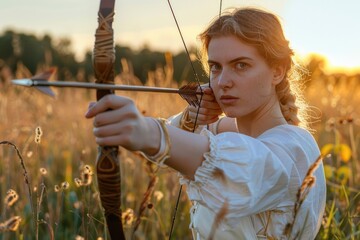 Poster - A woman stands in a field holding a bow and arrow, ready for action