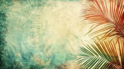 Vibrant Palm Leaf Silhouette Against a Dreamlike Sunset Sky in Teal, Orange, and Coral Ombre Tones, Evoking Summer and Tropical Serenity for a Design Template Backdrop