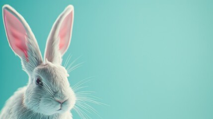 Poster - A close-up shot of a rabbit sitting on a blue background, perfect for use in illustrations or designs where you need a cute and simple image