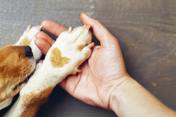 Aufkleber - A person cradles a dog's paw, showing affection and care