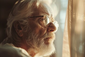 Aufkleber - A person wearing glasses gazes out of a window, possibly contemplating or lost in thought