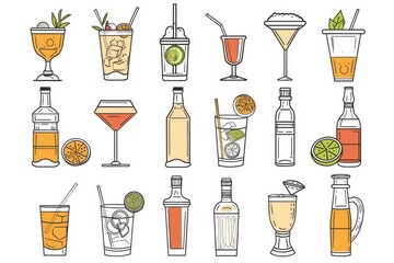 Poster - Image of various bottles and glasses with different types of alcohol, useful for backgrounds or product photography