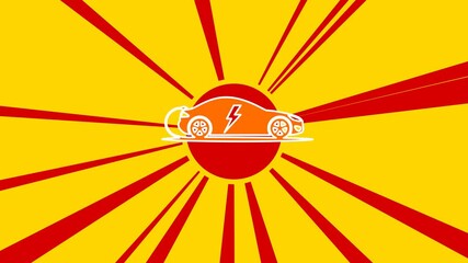 Poster - Electric car symbol on the background of animation from moving rays of the sun. Large orange symbol increases slightly. Seamless looped 4k animation on yellow background