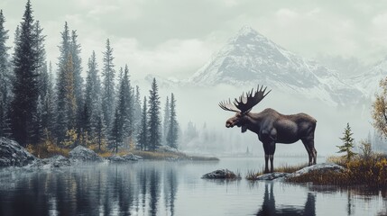 Sticker - Majestic Moose in Foggy Mountain Lake