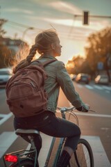 Aufkleber - A woman rides a bike down a city street, the sun shining overhead