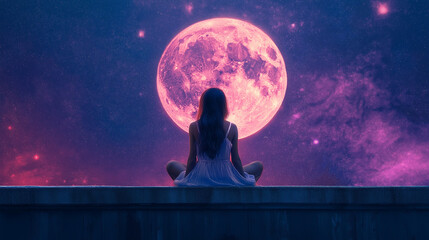 silhouette of woman meditating on moonlit sky, yoga pose, love and peace