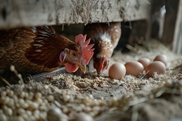 Poster - A close-up shot of a chicken pecking at a group of eggs