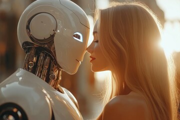 Poster - Woman and humanoid robot sharing an intimate moment in a warmly lit setting reflecting the deep emotional connection between humans and AI in a futuristic world