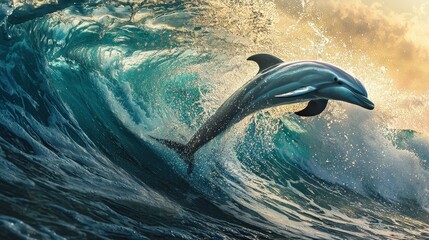 Poster - Dolphin Jumping Over Ocean Wave at Sunset